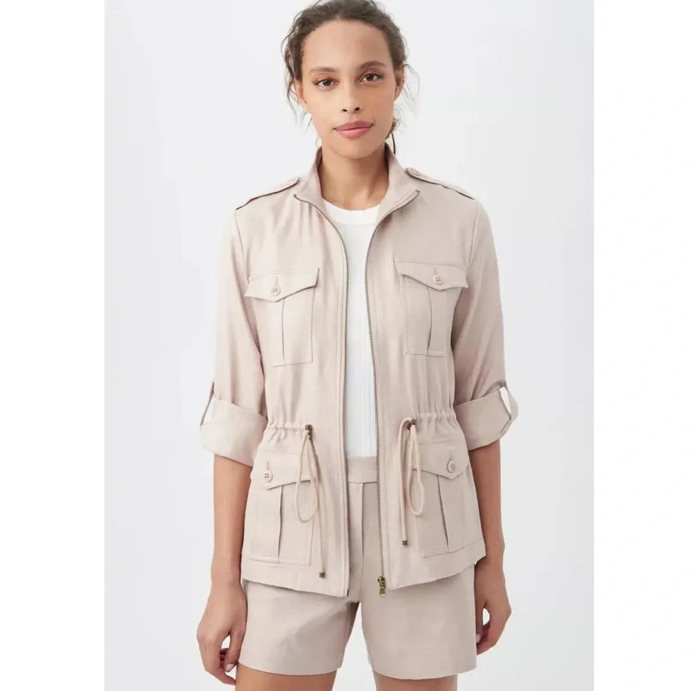 Trina Turk Full Zip Lightweight Bouyant Tunic Jacket Cinched Waist Beige Pink XS